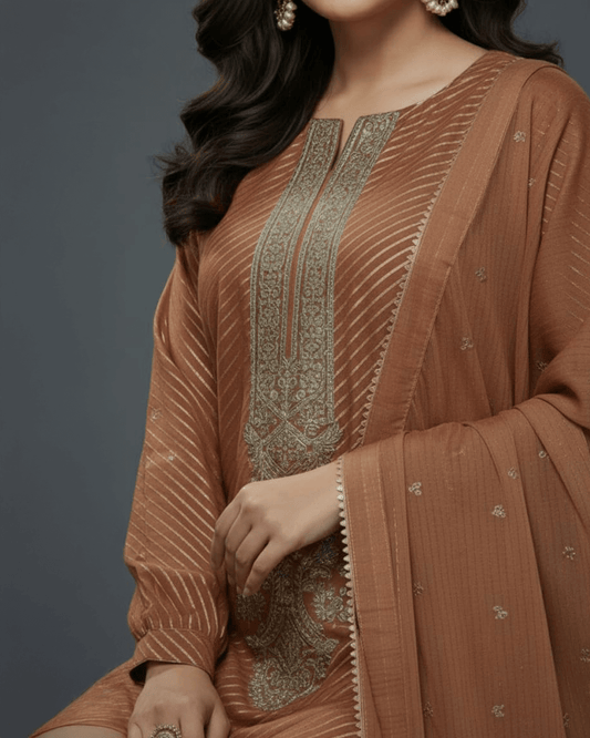 Bronze colored 2-piece shirt and dupatta with metallic finish