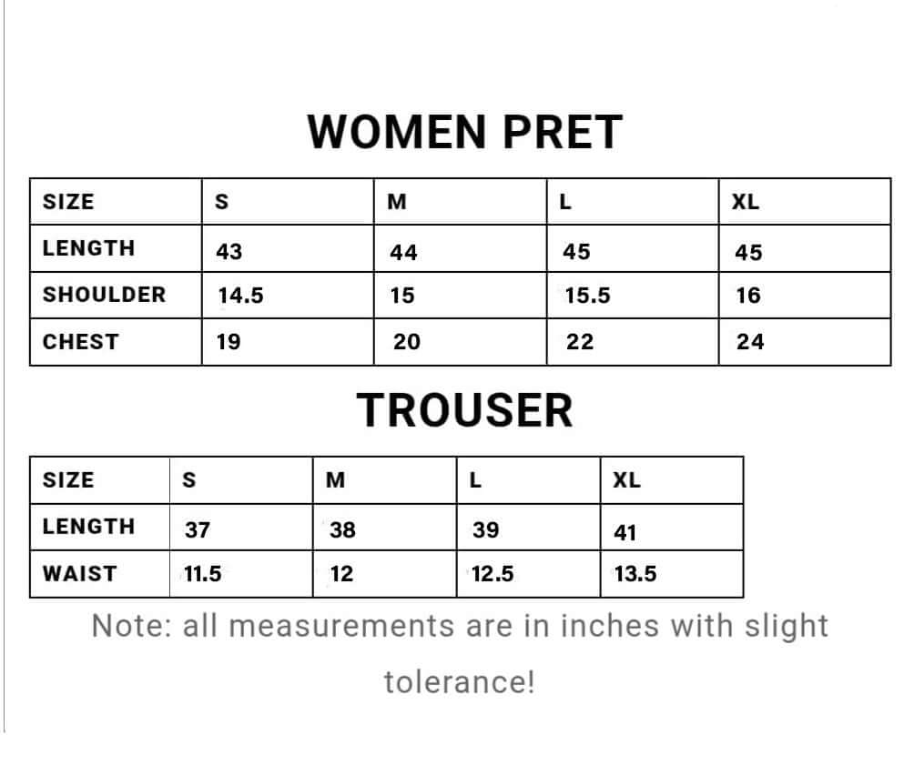Size chart for women's pret and trousers with measurements in inches.