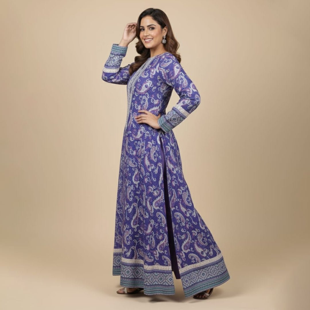 Purple paisley embroidered kurta set with traditional motifs for women - TheDeenos