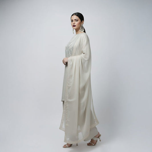 Ivory embroidered 3-piece formal suit with dupatta - complete ensemble