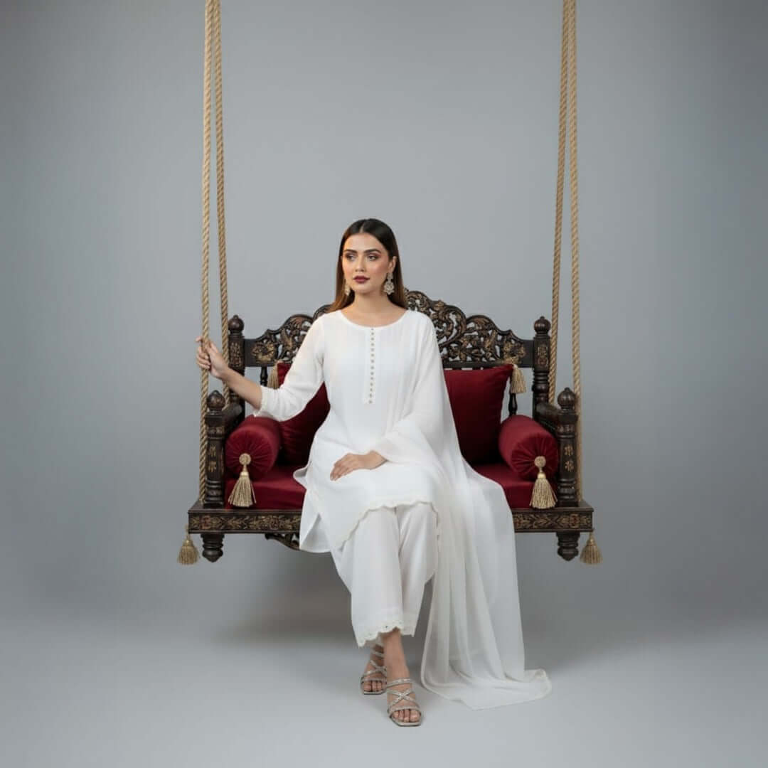 White womens three piece suit - premium Pakistani women clothes
