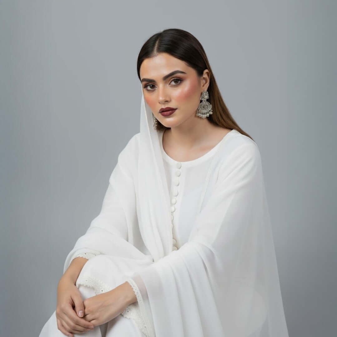 Sheer white dupatta with lace border