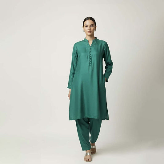 Emerald band‑collar kurta – front
