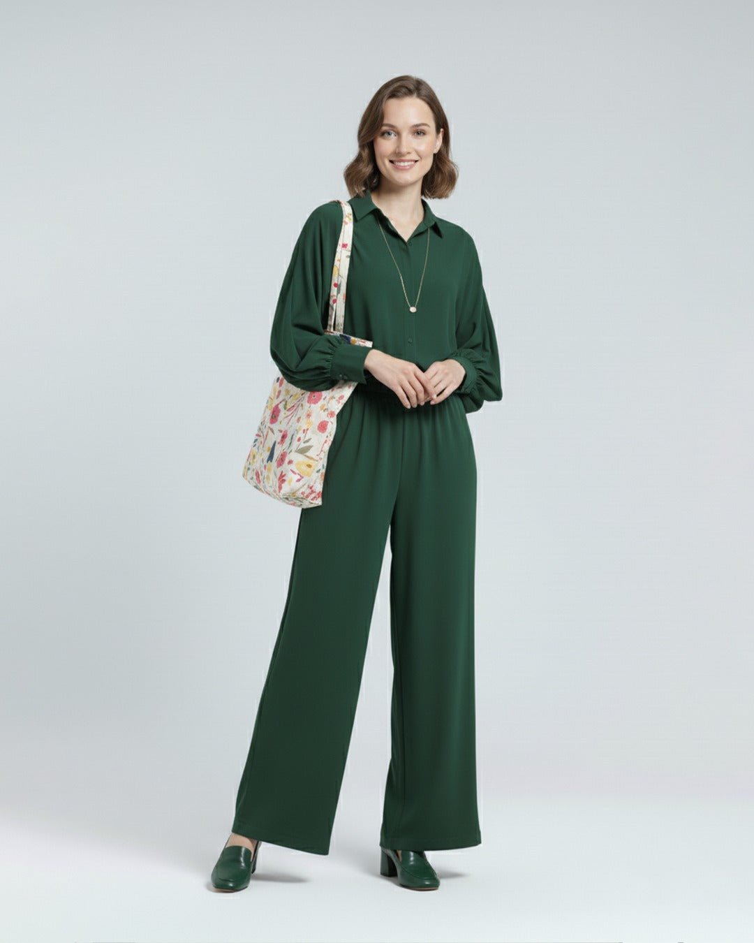 Forest green co-ord set, longline top with wide-leg trousers; relaxed modest fit, breathable lightweight fabric, elegant movement