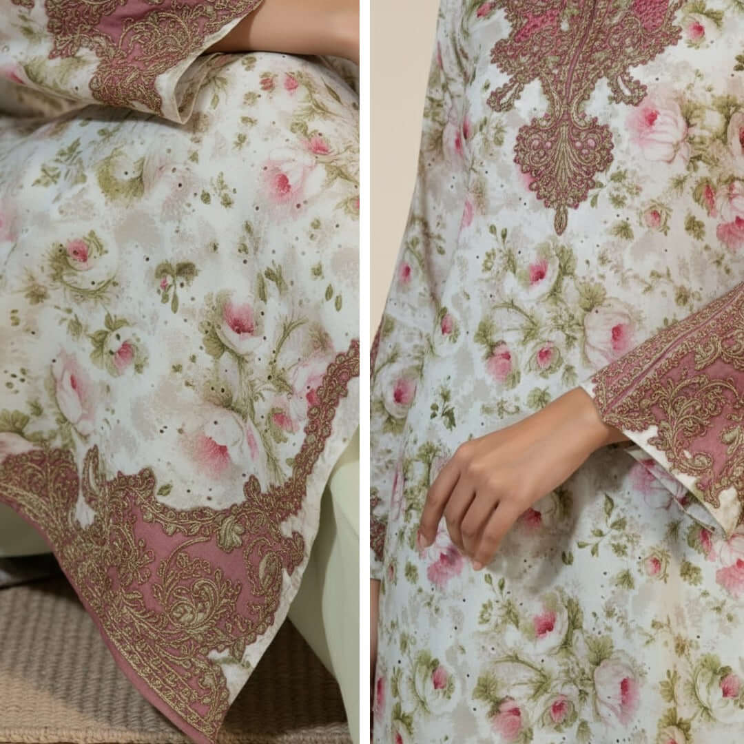 Close-up of a floral and paisley patterned fabric with a person wearing it.