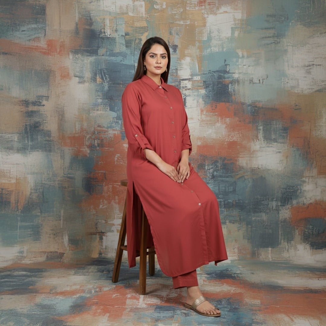 Maroon 2-piece coordinated set with top and culottes