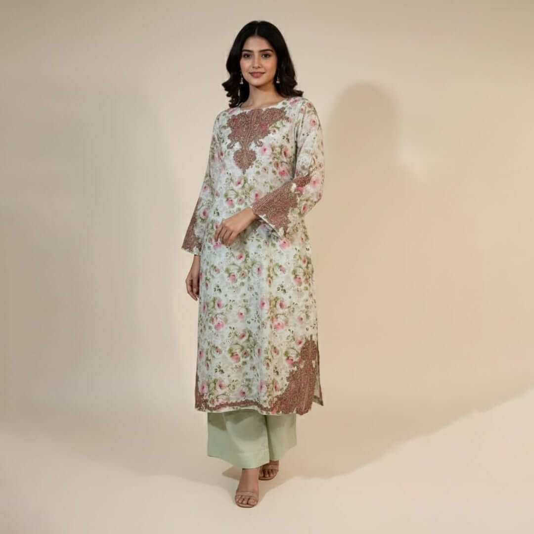 Pink 3-piece A-line net suit with embroidery and flared pants