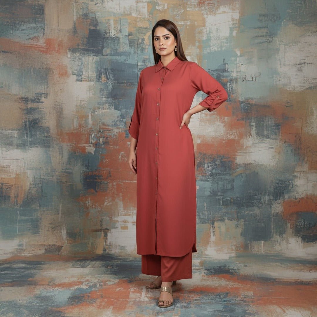 Maroon co‑ord with relaxed top – front