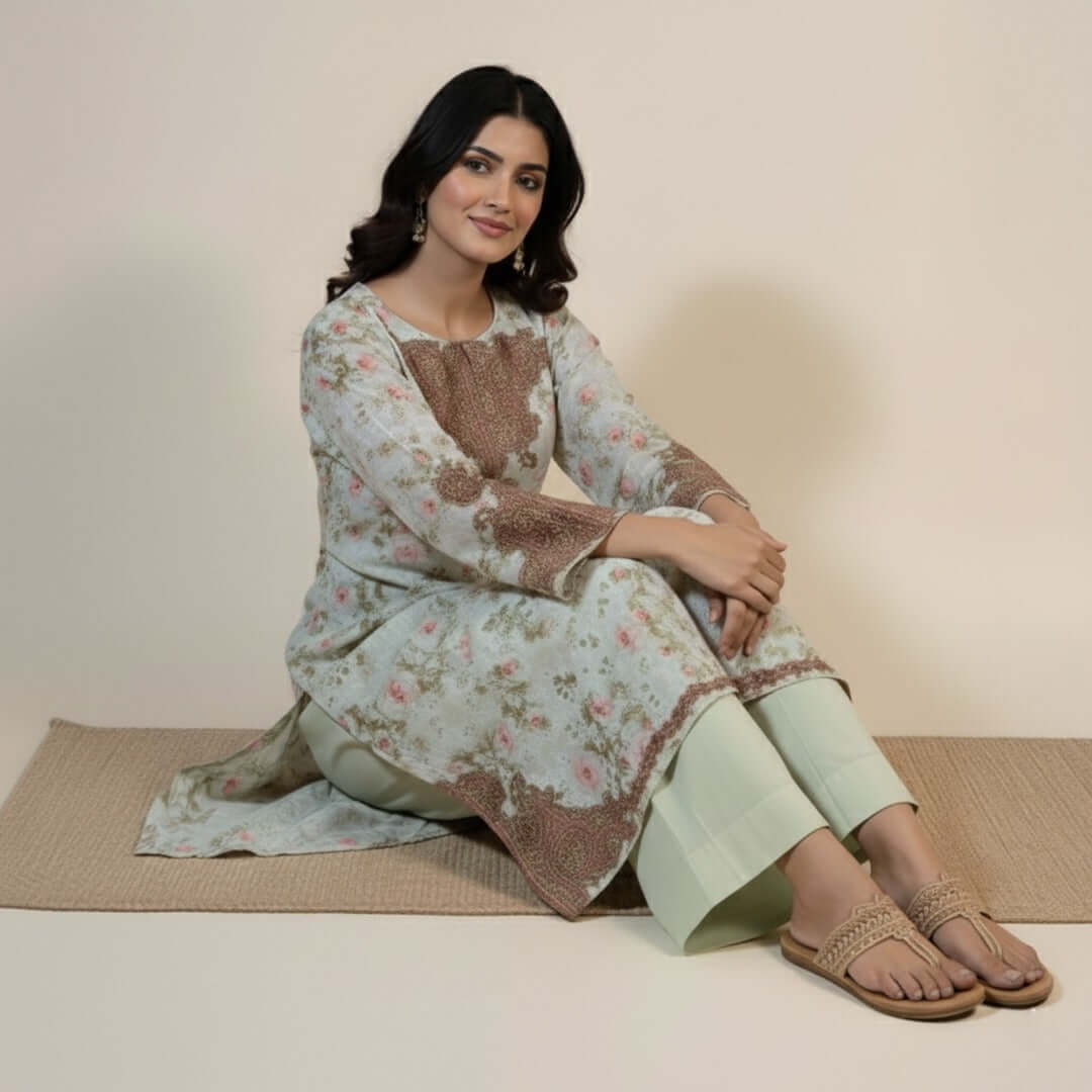 Rose‑pink A‑line net shirt with lace – front