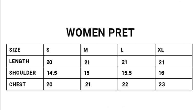 Size chart for women's pret with measurements in centimeters.