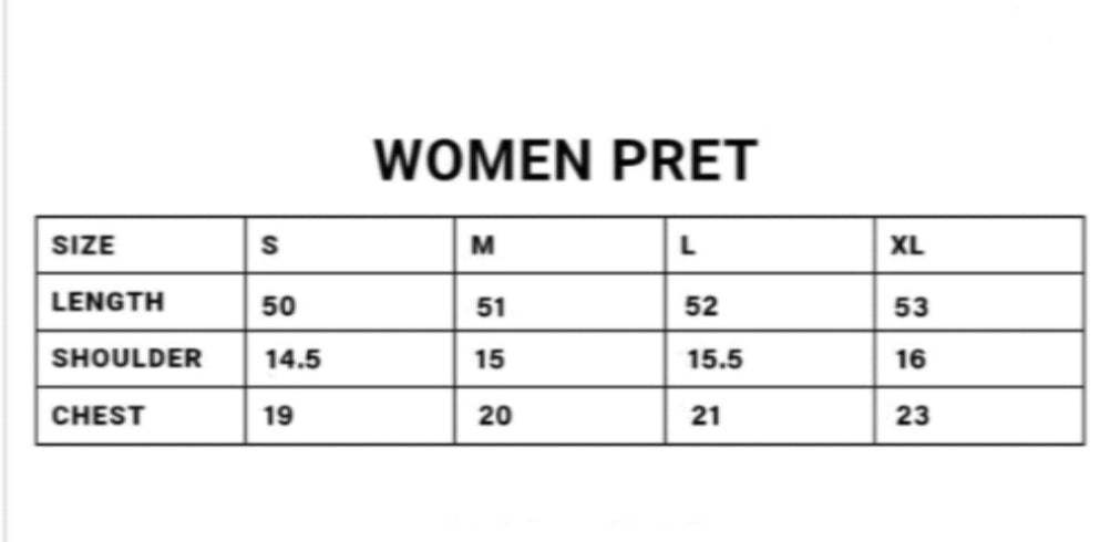 Measurement chart for women's pret with size chart